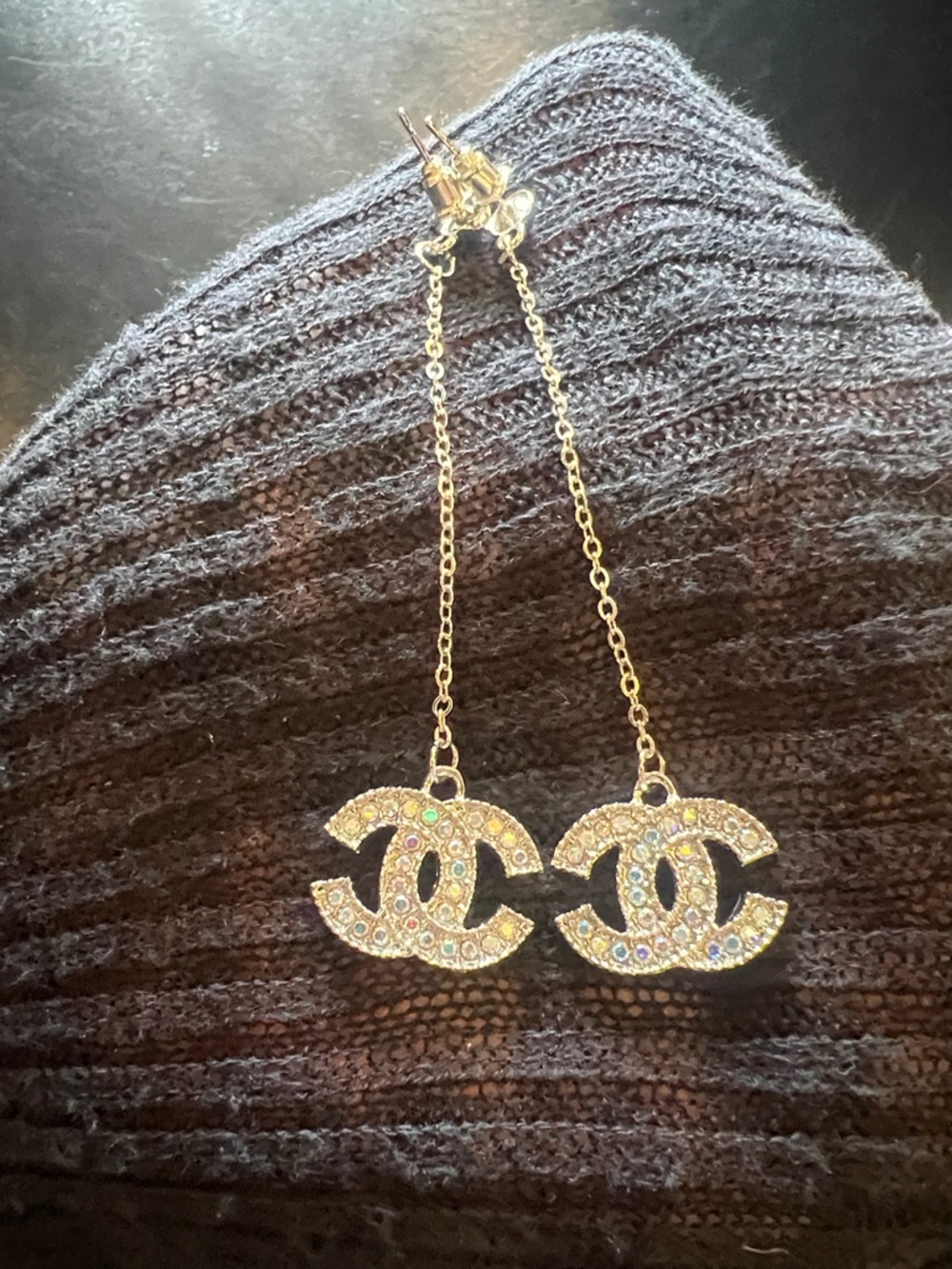 CHANEL silver Tone Crystal CC Drop Earrings with Multicolor Stones